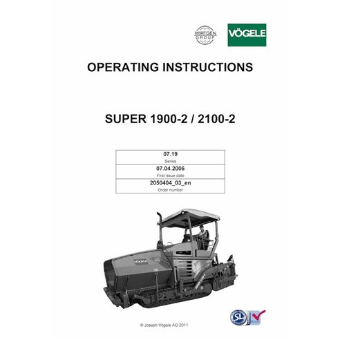 Pavimentadora de esteiras Vögele SUPER 1900-2, 2100-2 em pdf manual de operação e manutenção - Vögele manuais - VGL-2050404-0...