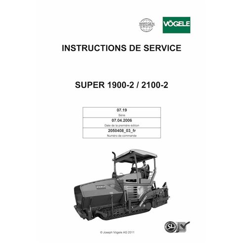 Pavimentadora de esteiras Vögele SUPER 1900-2, 2100-2 pdf manual de operação e manutenção FR - Vögele manuais - VGL-2050408-0...