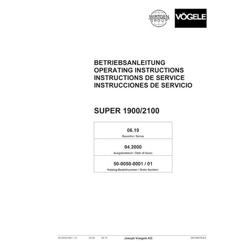 Pavimentadora de esteiras Vögele SUPER 1900, 2100 em pdf manual de operação e manutenção - Vögele manuais - VGL-5000500001