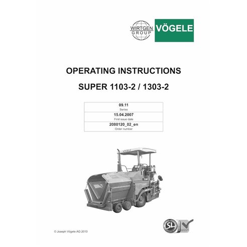 Manuel d'utilisation et d'entretien pdf du finisseur sur chenilles Vögele SUPER 1203 - Vögele manuels - VGL-2080120-02-EN