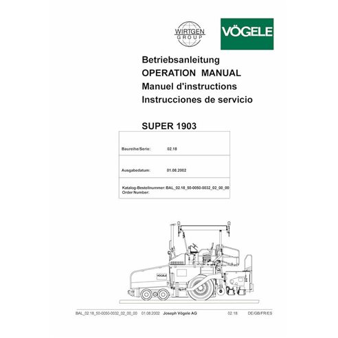 Pavimentadora de esteiras Vögele SUPER 1903 em pdf manual de operação e manutenção - Vögele manuais - VGL-5000500032