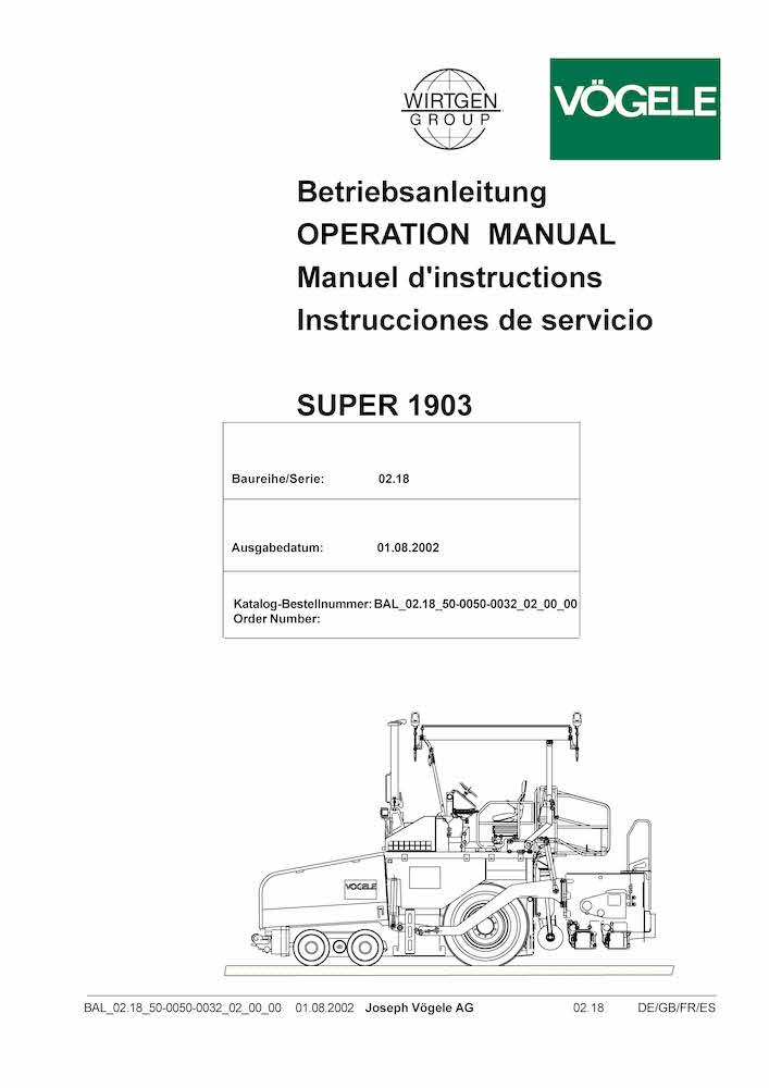 Vögele SUPER 1903 tracked paver pdf operation and maintenance manual