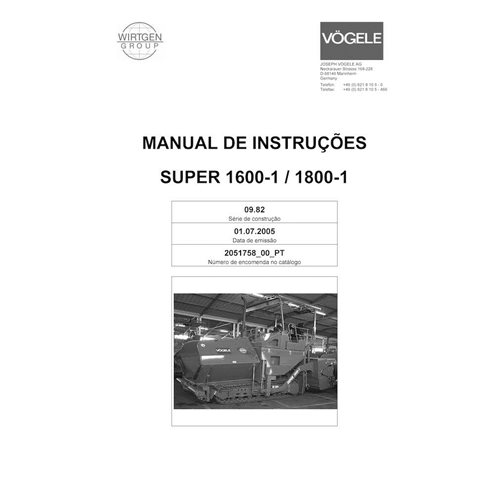 Finisseur sur chenilles Vögele SUPER 1600-1, 1800-1 (09.82) pdf manuel d'utilisation et d'entretien PT - Vögele manuels - VGL...