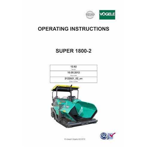 Extendedora de orugas Vögele SUPER 1800-2 (12.82) manual de funcionamiento y mantenimiento en pdf - Vögele manuales - VGL-212...