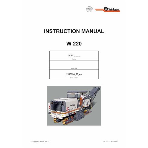 Wirtgen W220 (05.22) fresadora pdf manual de operação e manutenção - Wirtgen manuais - WRT-2193524-00-EN