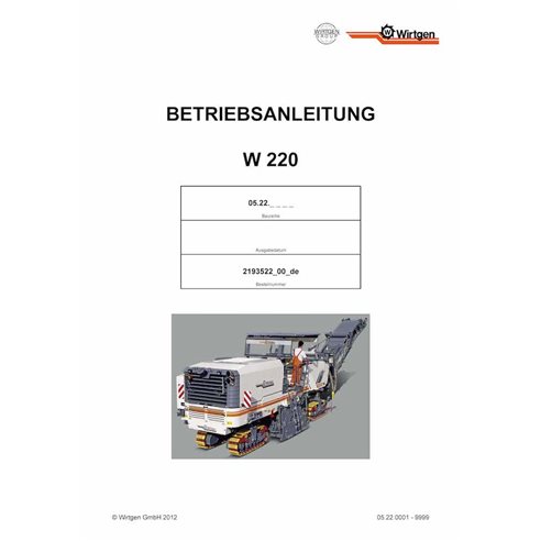Wirtgen W220 (05.22) milling machine pdf operation and maintenance manual DE - Wirtgen manuals - WRT-219352200-DE