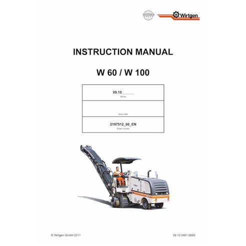 Wirtgen W60, W100 (09.10) fresadora pdf manual de operação e manutenção - Wirtgen manuais - WRT-2197512-00-EN