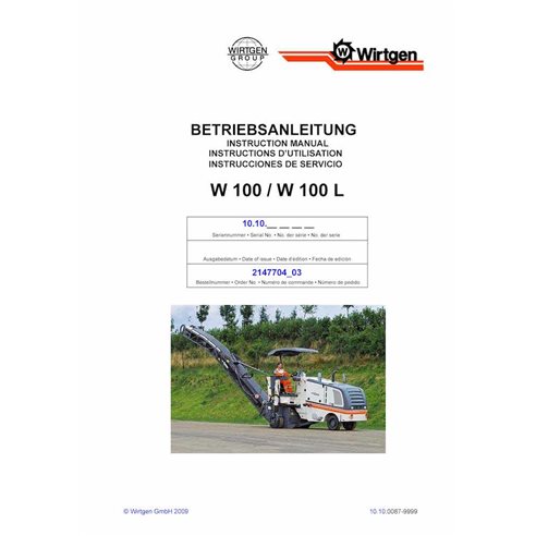 Manuel d'utilisation et d'entretien pdf de la fraiseuse Wirtgen W100, W110L (10.10) - Wirtgen manuels - WRT-2147704