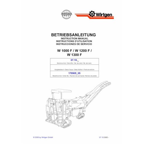 Wirtgen W1000F, W1200F, W1300F (07.10) fresadora pdf manual de operação e manutenção - Wirtgen manuais - WRT-178905-05
