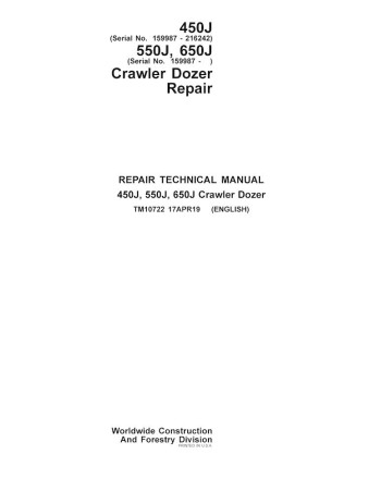 TM10722 John Deere 450J, 550J, 650J (SN 159987 -) crawler dozer repair technical manual (TM10722)
