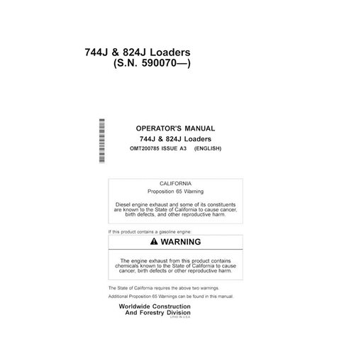 John Deere 744J, 824J SN 590070 carregadeira de rodas manual do operador em pdf - John Deere manuais - JD-OMT200785-EN