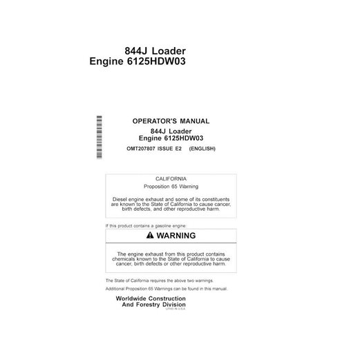 Manual del operador en pdf del cargador de ruedas John Deere 844J - John Deere manuales - JD-OMT207807-EN