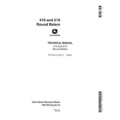 Manual técnico em pdf da enfardadeira John Deere 410, 510 - John Deere manuais - JD-TM1194-EN