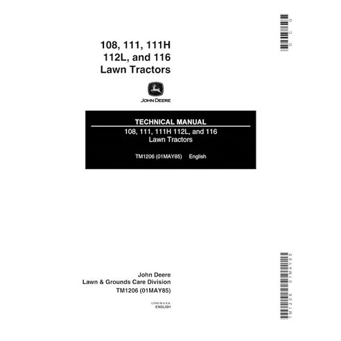 Manual técnico em pdf do trator de gramado John Deere 108, 111, 111H 112L e 116 - John Deere manuais - JD-TM1206-EN