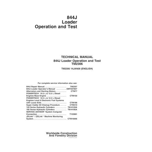 TM2306 Manuel technique de fonctionnement et d'essai de la chargeuse sur pneus John Deere 844J pdf