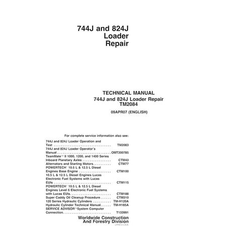 TM2084 Manuel technique de réparation pdf pour chargeuse sur pneus John Deere 744J, 824J