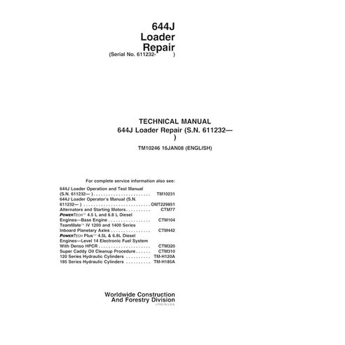 Manual técnico de reparo em pdf da carregadeira de rodas John Deere 644J - John Deere manuais - JD-TM10246-EN
