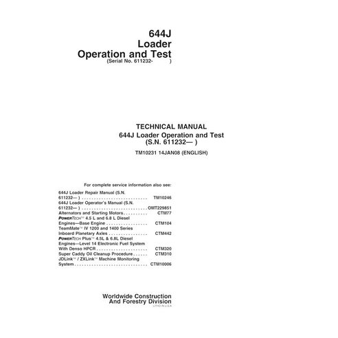 Manuel technique de fonctionnement et d'essai de la chargeuse sur pneus John Deere 644J pdf - John Deere manuels - JD-TM10231-EN