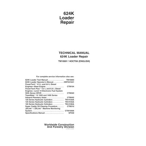 Manual técnico de reparación en pdf del cargador de ruedas John Deere 624K (SN -642634) - John Deere manuales - JD-TM10691-EN