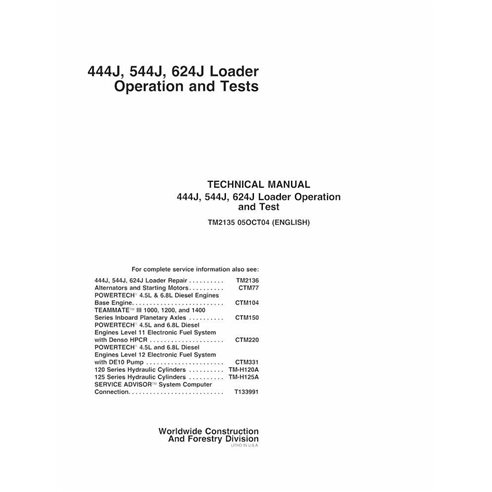 Manual técnico de operação e teste da carregadeira de rodas John Deere 444J, 544J, 624J - John Deere manuais - JD-TM2135-EN