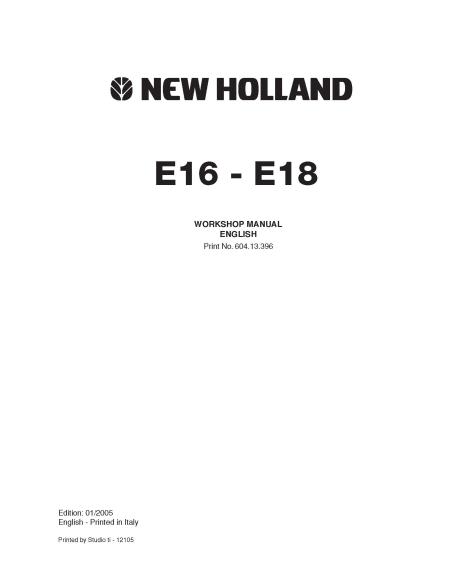 Manuel d'atelier pour mini pelle New Holland E16 - E18 - Construction New Holland manuels - NH-60413396