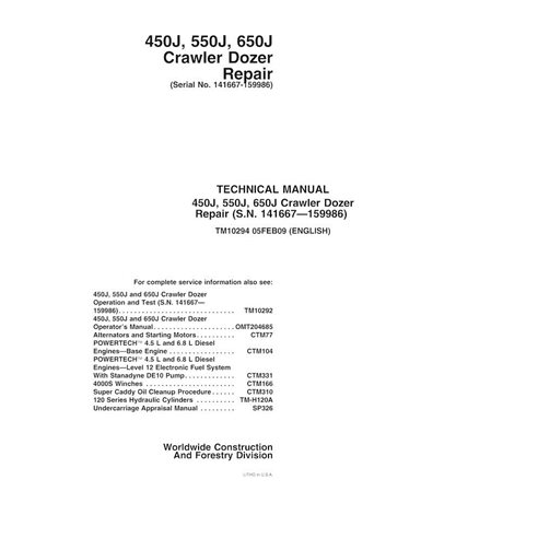 TM10294 John Deere 450J, 550J, 650J (SN 141667-159986) crawler dozer repair technical manual (TM10294)