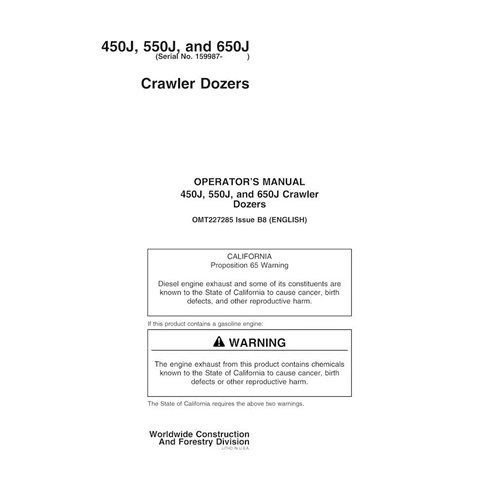 John Deere 450J, 550J, 650J crawler dozer pdf operator's manual  - John Deere manuals - JD-OMT227285-EN