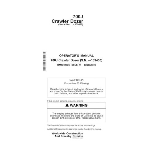 Manual do operador em pdf da carregadeira de esteira John Deere 700J (SN -139435) - John Deere manuais - JD-OMT211725-EN