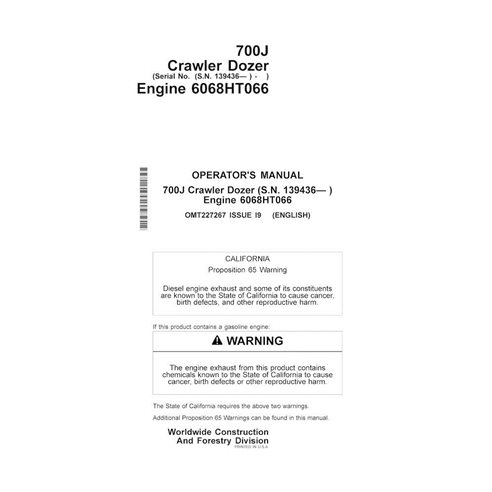 Manual do operador em pdf da carregadeira de esteira John Deere 700J (SN 139436-) - John Deere manuais - JD-OMT227267-EN