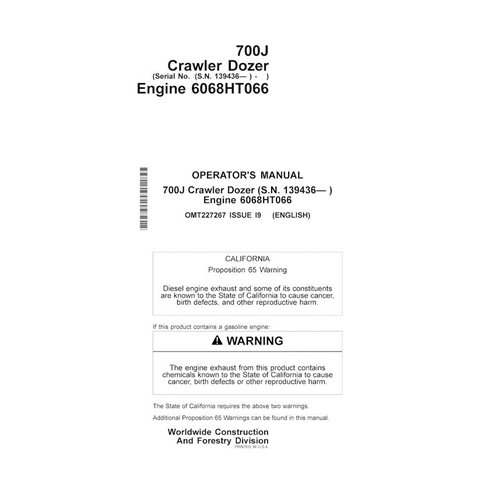 Manuel de l'opérateur pdf du chargeur sur chenilles John Deere 700J (SN 139436-) - John Deere manuels - JD-OMT227267-EN