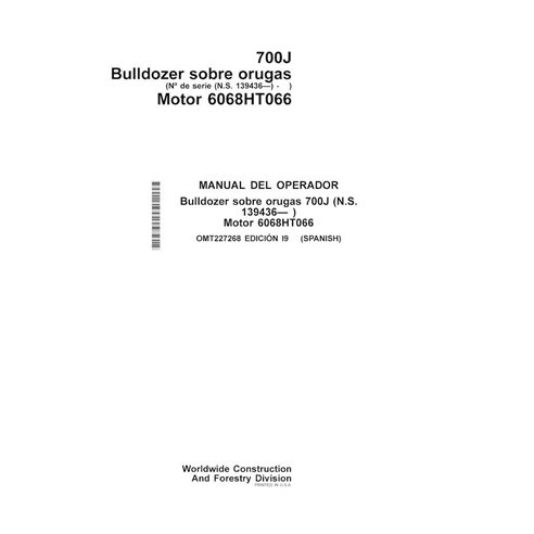 Manual do operador em pdf da carregadeira de esteira John Deere 700J (SN 139436-) ES - John Deere manuais - JD-OMT227268-ES