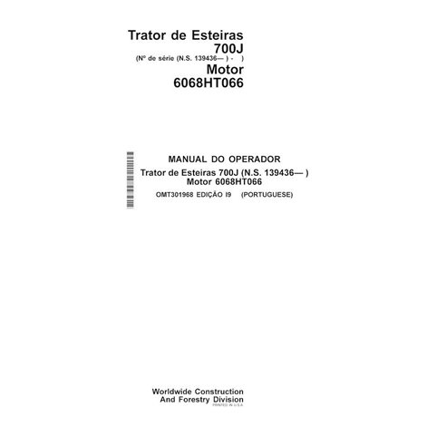 John Deere 700J (SN 139436-) cargador de orugas pdf manual del operador PT - John Deere manuales - JD-OMT301968-PT