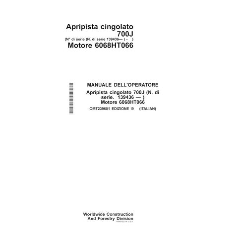 Manual del operador del cargador sobre orugas John Deere 700J (SN 139436-) pdf IT - John Deere manuales - JD-OMT239601-IT