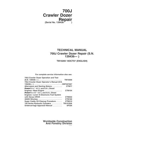 TM10269 John Deere 700J (SN 139436-) chargeur sur chenilles pdf manuel technique de réparation IT