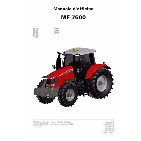 Massey Ferguson 7614, 7615, 7616, 7618, 7619, 7620, 7622, 7624, 7626 tracteur pdf manuel d'entretien d'atelier informatique -...