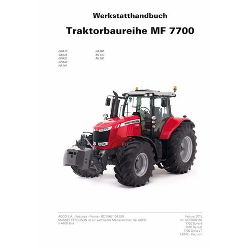Massey Ferguson 7714, 7715, 7716, 7718, 7719, 7720, 7722, 7724, 7726 manuel d'entretien d'atelier pdf pour tracteur DE - Mass...
