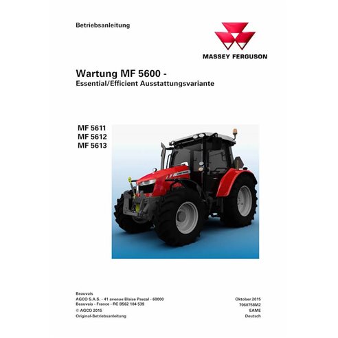 Manuel d'entretien pdf pour tracteur Massey Ferguson 5611, 5612, 5613 DE - Massey-Ferguson manuels - MF-7060758M2-OM-DE