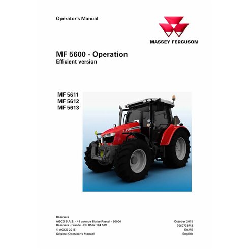 Manuel de l'opérateur pdf du tracteur efficace Massey Ferguson 5611, 5612, 5613 - Massey-Ferguson manuels - MF-7060733M3-OM-EN