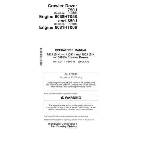 John Deere 750J, 850J (SN 130885-) crawler dozer pdf operator's manual  - John Deere manuals - JD-OMT202117-EN