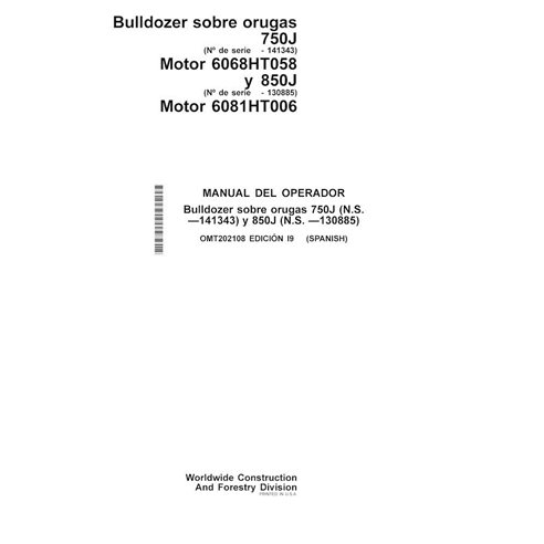 Manuel de l'opérateur pdf du bouteur sur chenilles John Deere 750J, 850J (SN 130885-) ES - John Deere manuels - JD-OMT202108-ES