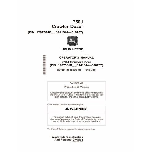 Manuel de l'opérateur pdf du bouteur sur chenilles John Deere 750J (SN 141344-310257) - John Deere manuels - JD-OMT227146-EN