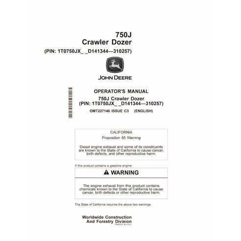 JD-OMT227146 John Deere 750J (SN 141344-310257) crawler dozer operator's manual (OMT227146)