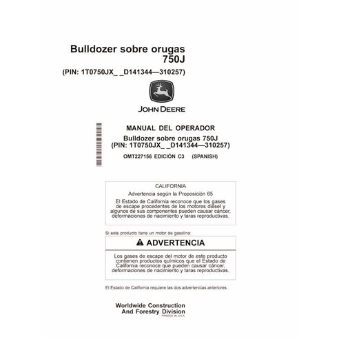 Manuel de l'opérateur pdf du bouteur sur chenilles John Deere 750J (SN 141344-310257) ES - John Deere manuels - JD-OMT227156-ES