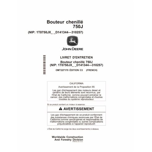 John Deere 750J (SN 141344-310257) crawler dozer pdf operator's manual FR - John Deere manuals - JD-OMT227170-FR
