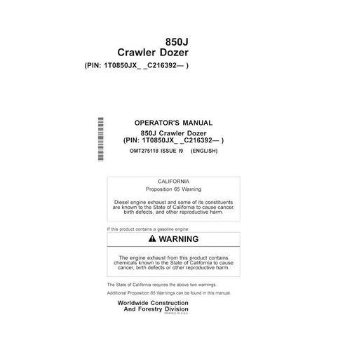 Manual do operador do trator de esteira John Deere 850J (SN C216392-) em pdf - John Deere manuais - JD-OMT275118-EN