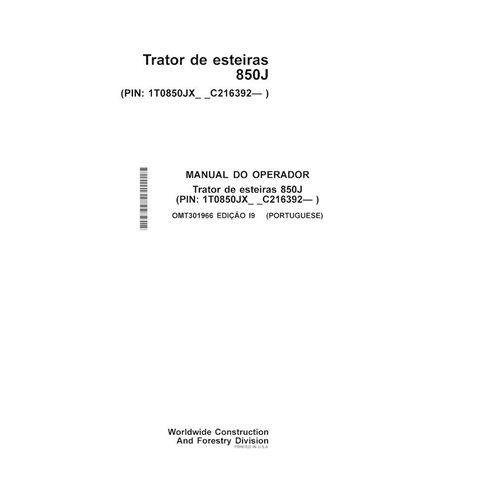 John Deere 850J (SN C216392-) topadora sobre orugas pdf manual del operador PT - John Deere manuales - JD-OMT301966-PT