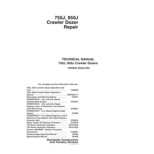 TM2261 John Deere 750J, 850J crawler dozer pdf repair technical manual