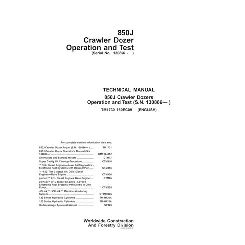 Manuel technique de fonctionnement et d'essai du bouteur sur chenilles John Deere 850J (SN 130866) pdf - John Deere manuels -...