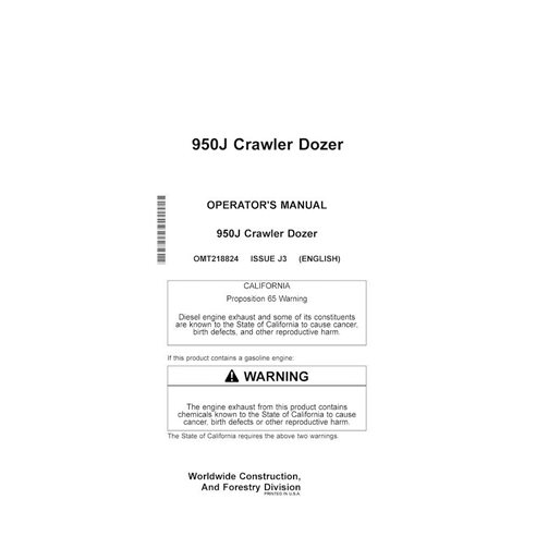 John Deere 950J crawler dozer pdf operator's manual  - John Deere manuals - JD-OMT218824-EN
