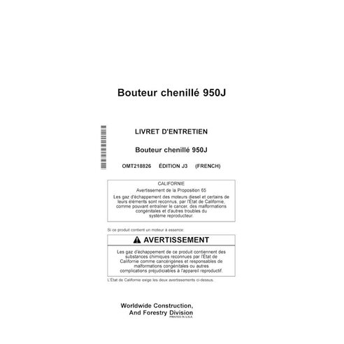 Manuel de l'opérateur du bouteur sur chenilles John Deere 950J pdf FR - John Deere manuels - JD-OMT218826-FR